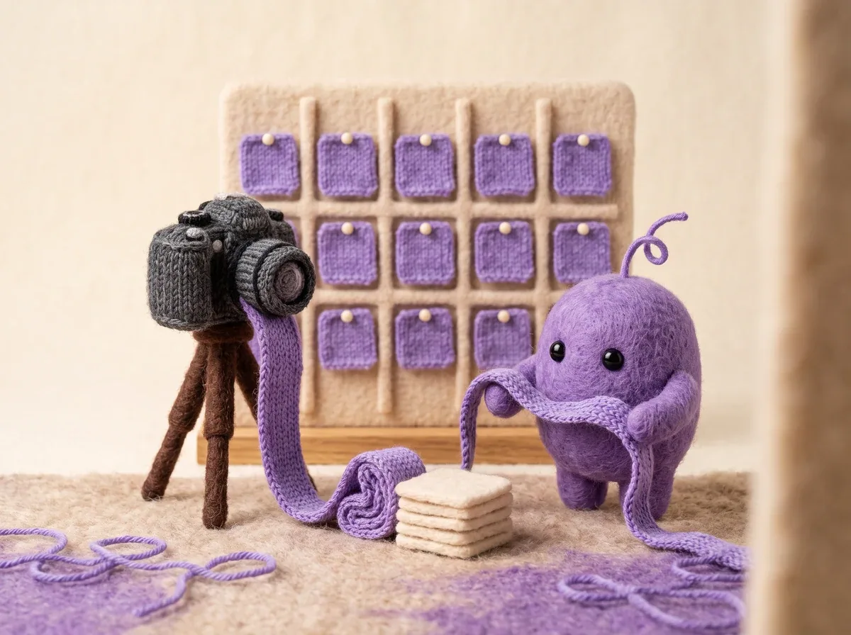 A knitted camera on a small tripod feeding one long ribbon of wool that folds into a stack of blank felted tiles, a grid of blank knitted squares pinned behind it