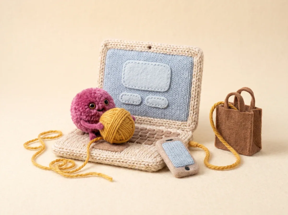 A knitted laptop and a felted phone in wool, a yarn cable running from one into a small woollen shopping bag, their screens blank